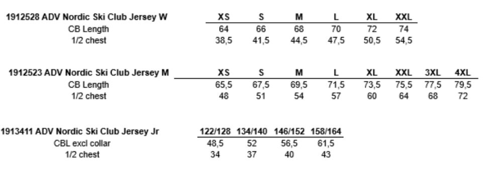 Mittataulukko Ski club Jersey